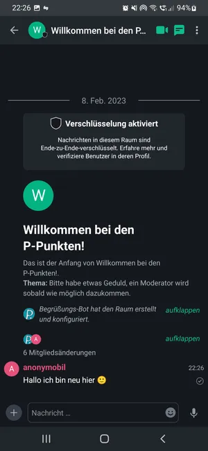 Der Willkommensraum mit einer Nachricht des neu erstellen Accounts.