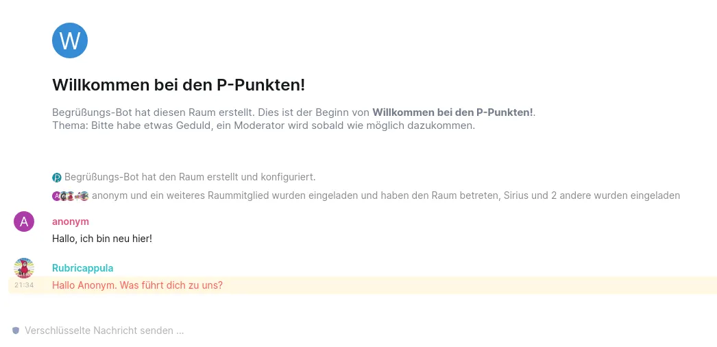 Der Willkommensraum kurz nach der Erstellung, mit einem kurzen Wortwechsel
mit der Moderatorin
Rubricappula