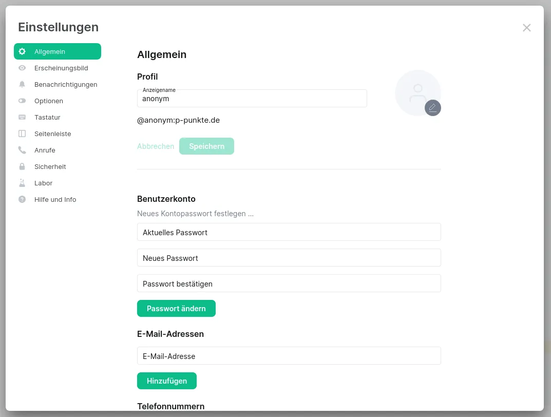 Die allgemeinen Einstellungen von Element. Ganz oben ist ein Textfeld für
den Anzeigenamen und ein Bereich zum Hochladen eines
Avatarbildes.