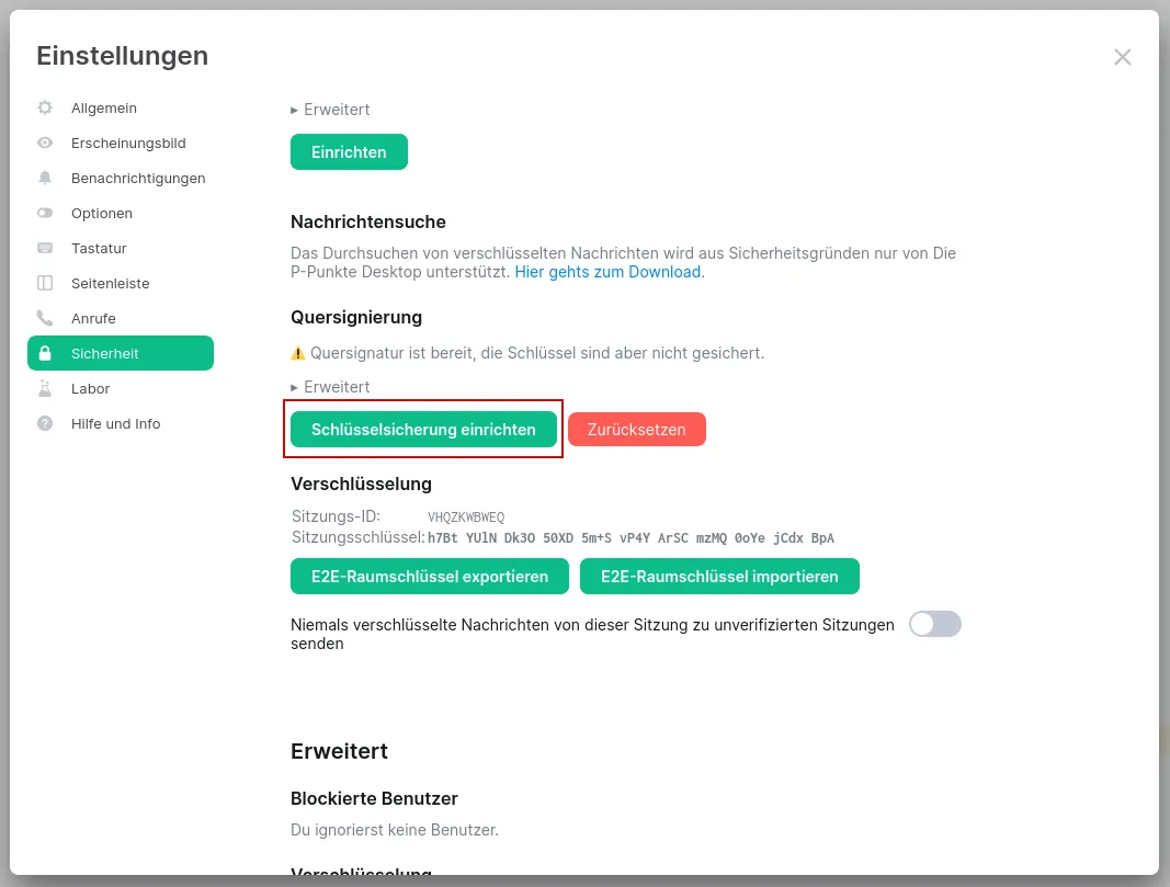 Die Sicherheits-Einstellungen von Element. Im Bereich Quersignierung ist der
Button Schlüsselsicherung einrichten mit einem roten Kasten
hervorgehoben