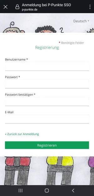 Das Registrierungsformular für die P-Punkte. Es gibt Eingabefelder für Benutzername, Passwort und E-mail, darunter ist ein Button 'Registrieren'.